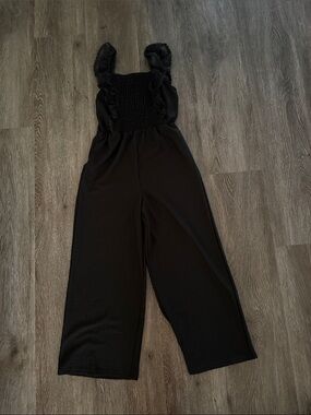 Speechless Black Smocked Ruffle Strap Wide-Leg Jumpsuit